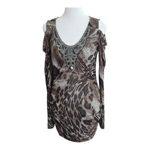 Venus Women's Leopard Print Cold Shoulder Beaded Neckline Long Sleeve Top M Glam